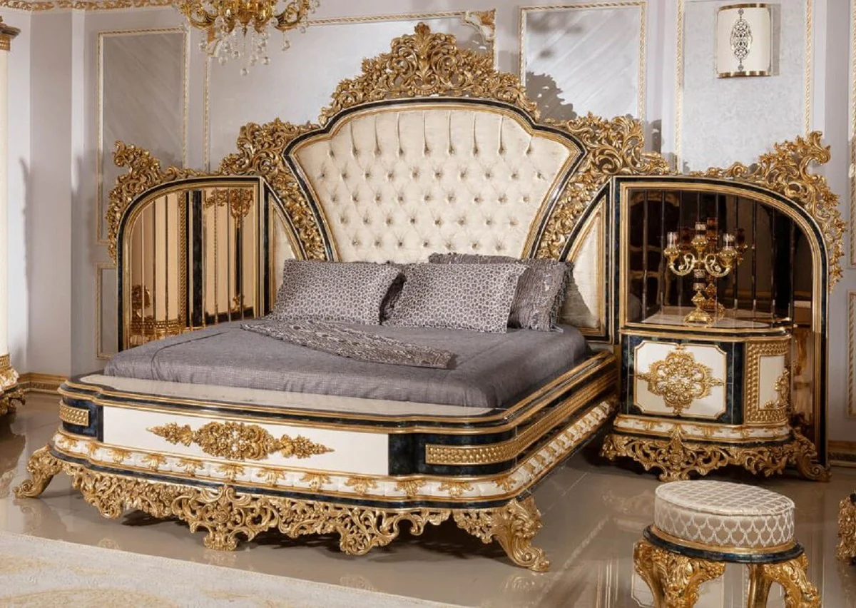Luxury baroque double bed gold / white / blue / gold - magnificent solid wood bed with mirrored headboard - bedroom furniture in baroque style - noble and magnificent