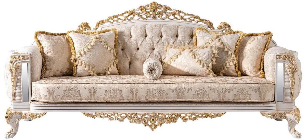 Luxury Baroque Sofa Beige / White / Gold - Magnificent Living Room Sofa with Glitter Stones - Baroque Style Living Room Furniture - Luxury Furniture in Baroque Style - Baroque Furnishings - Noble & Magnificent