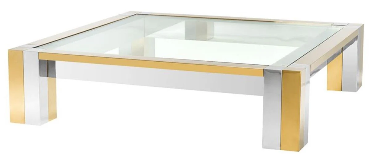 Luxury stainless steel coffee table silver / gold 120 x 120 x H. 30 cm - designer living room table with glass top