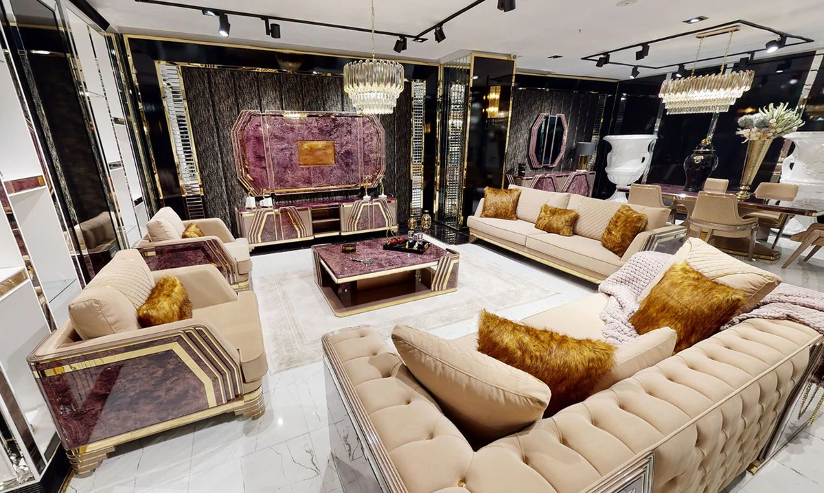 Luxury Art Deco Sofa Beige / Purple / Gray / Gold - Elegant Living Room Sofa with Marble Look - Luxury Art Deco Living Room & Hotel Furniture