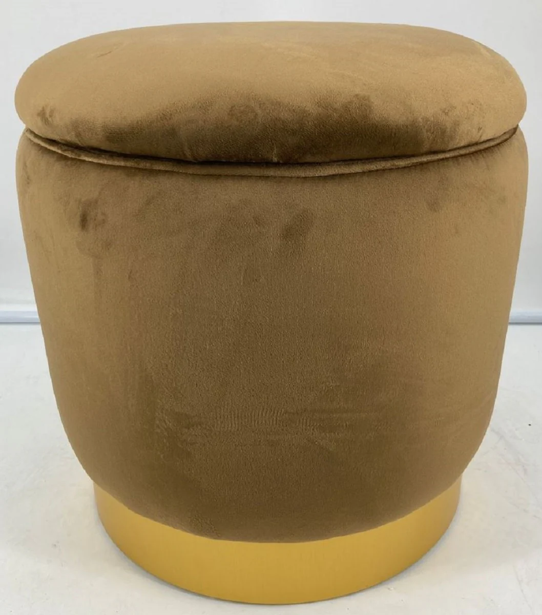 Luxus Sitzhocker Ocker / Gold Ø 41 x H. 43 cm - Runder Samt Hocker mit Deckel und Stauraum - Wohnzimmer Möbel