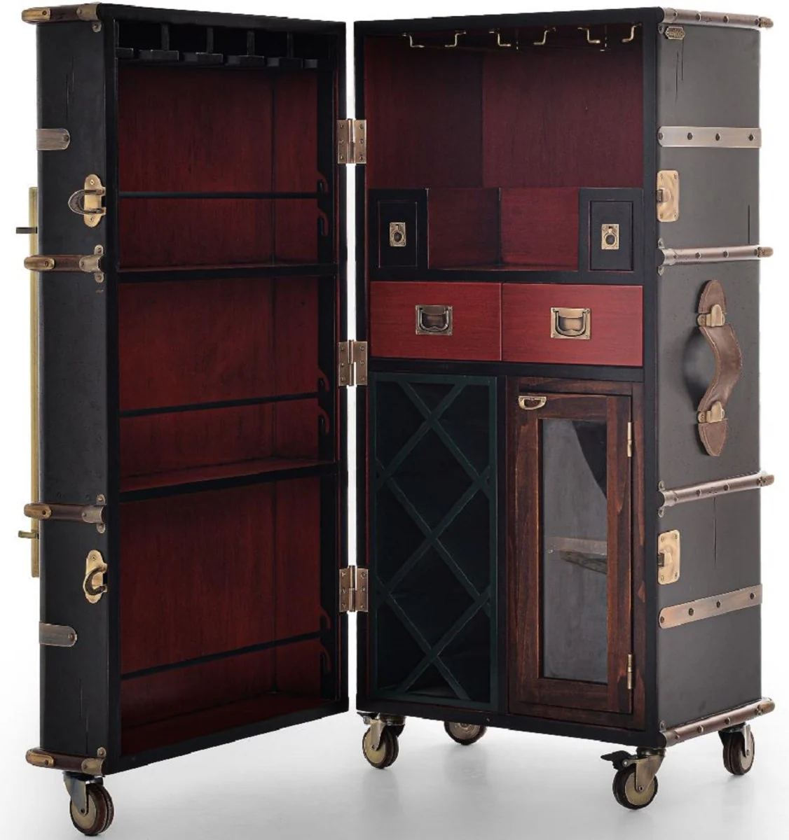 Luxury bar cabinet with wheels antique black 59 x 51 x H. 120 cm - suitcase cabinet in a retro look - retro style wine cabinet - bar furniture - luxury furniture