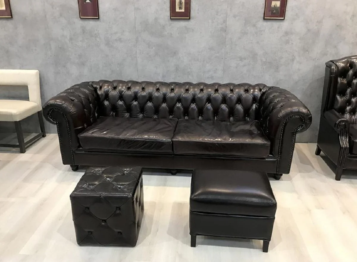 Luxury Chesterfield leather sofa black 240 x 100 x H. 80 cm - real leather living room sofa - living room furniture - Chesterfield furniture - luxury furniture - luxury living room furnishings