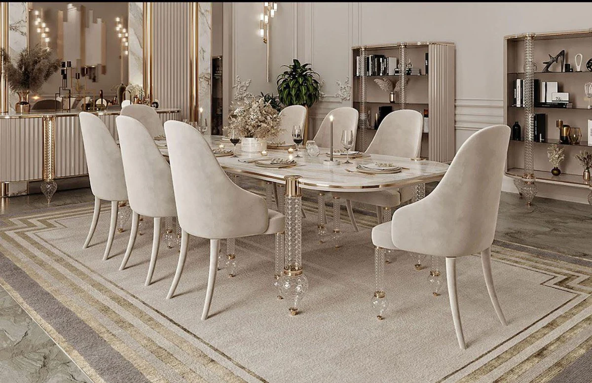 Luxury Art Deco Dining Room Set White / Gray / Gold - 1 Art Deco Dining Table with Faux Marble Table Top & 6 Art Deco Dining Room Chairs - Art Deco Dining Room Furniture - Luxury Quality