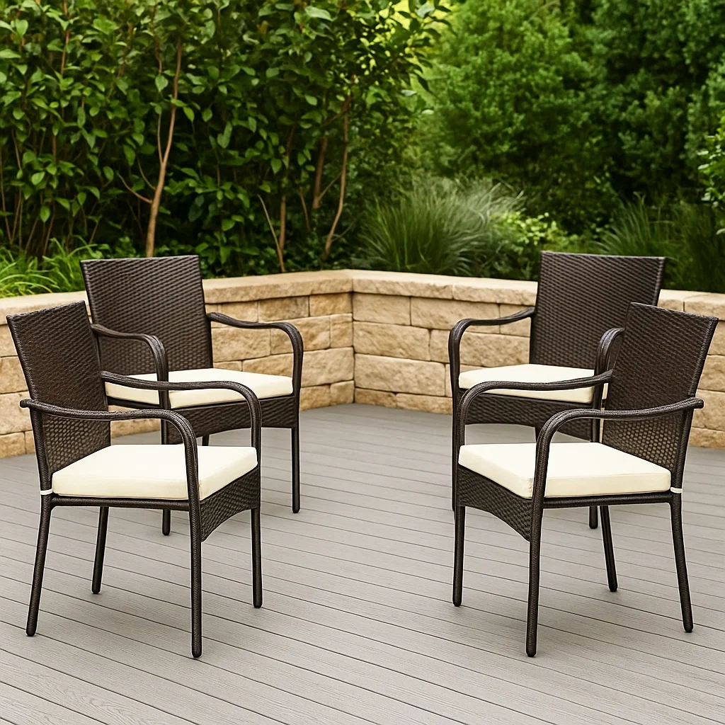 Gartenstuhl-Set, 4 Stühle mit Kissen, braun, Stahl und Polyester, geeignet für den Garten