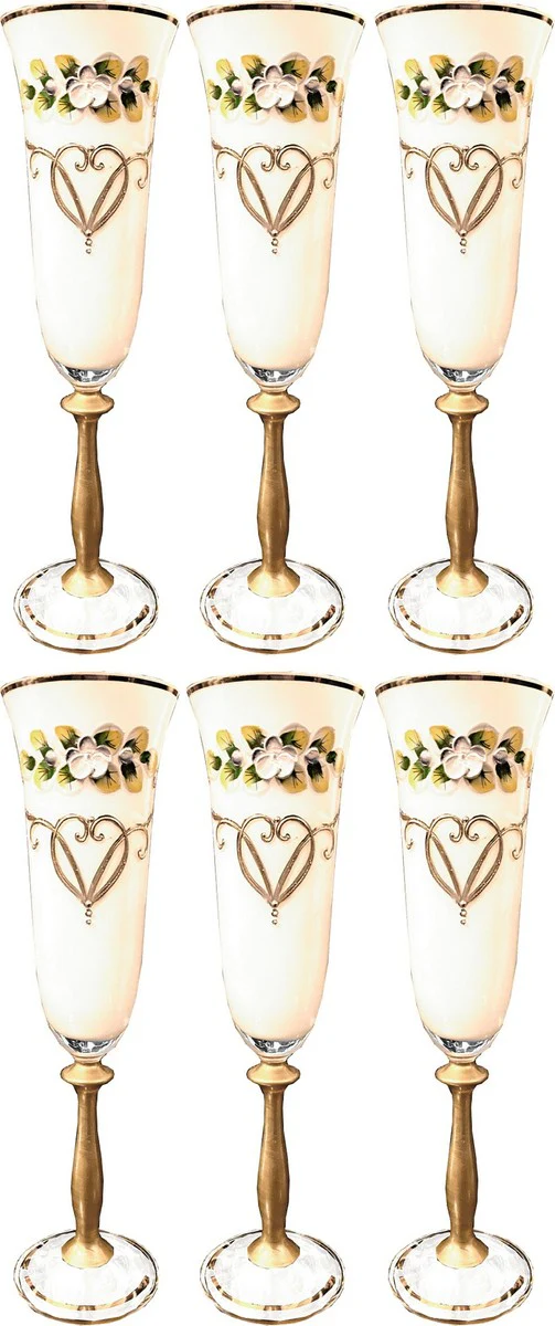 Luxury Art Nouveau champagne glasses set of 6 white / multicolored / gold - handmade and hand-engraved champagne glasses with 24 carat gold plating - hotel & restaurant accessories