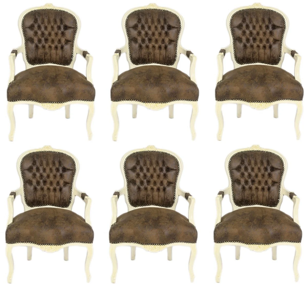 Baroque salon chair set brown / cream 60 x 50 x H. 93 cm - 6 handmade salon chairs with leather look - baroque furniture