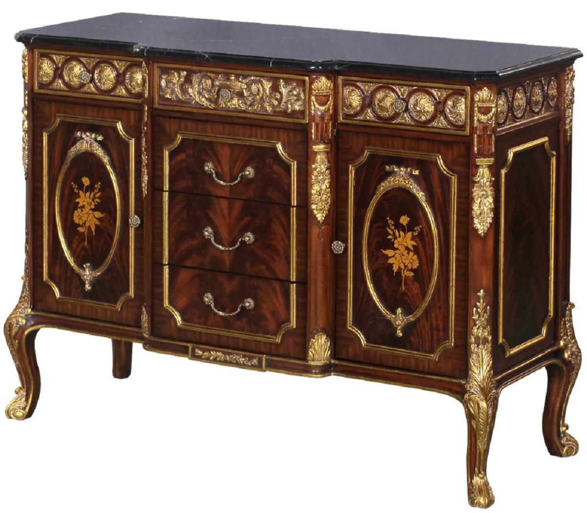 Luxury baroque solid wood chest of drawers with marble top dark brown / gold / black - magnificent baroque furniture