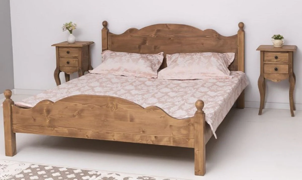 Country house style solid wood bedroom set brown - 1 country house style double bed & 2 country house style bedside tables - solid wood bedroom furniture - bedroom furniture in country house style