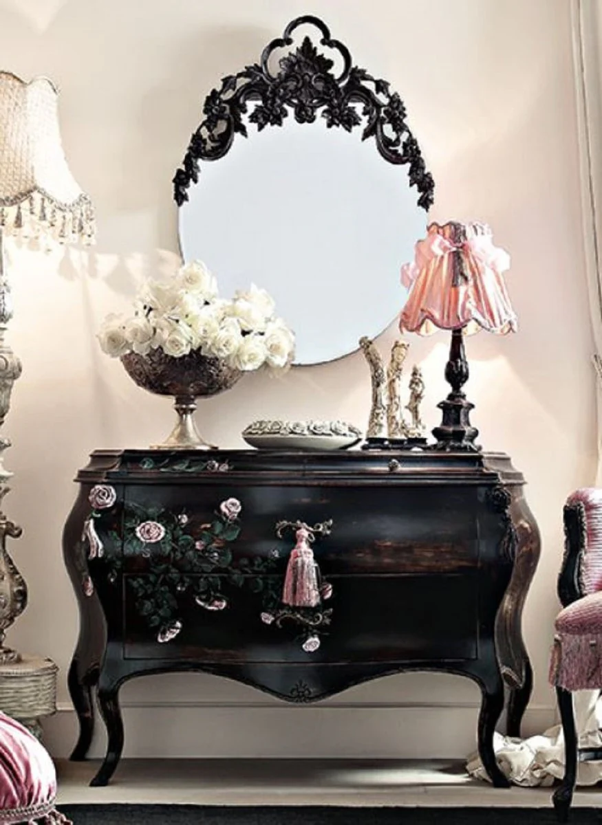 Luxury Baroque chest of drawers with mirror black / multicolored / pink - Baroque mirror chest of drawers - Magnificent Baroque furniture - Hotel furniture - Castle furniture - First class quality - Made in Italy