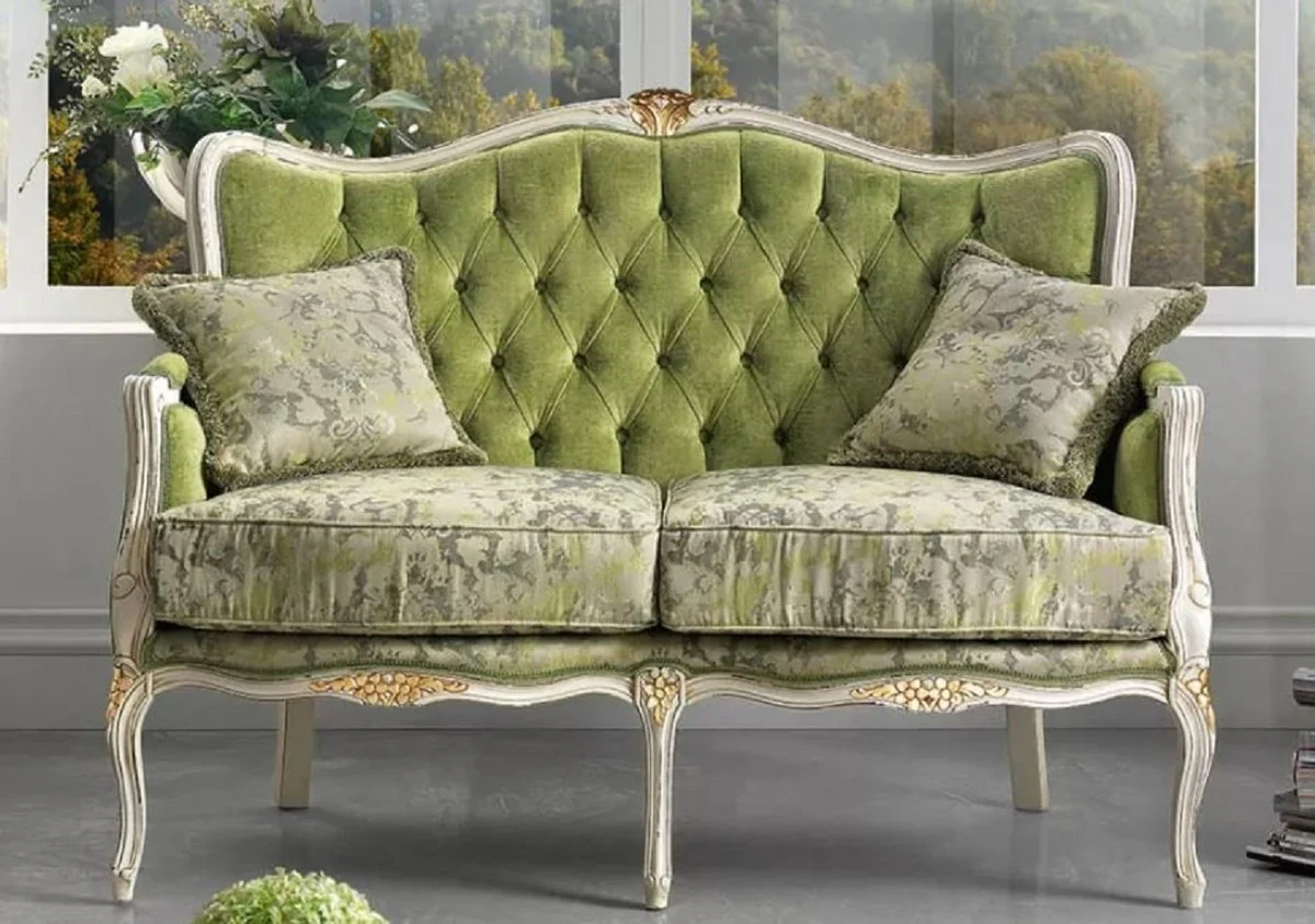 Luxury Baroque Sofa Green / White / Gold - Noble living room sofa with elegant pattern and 2 decorative pillows - Baroque furniture - Luxury quality - Made in Italy