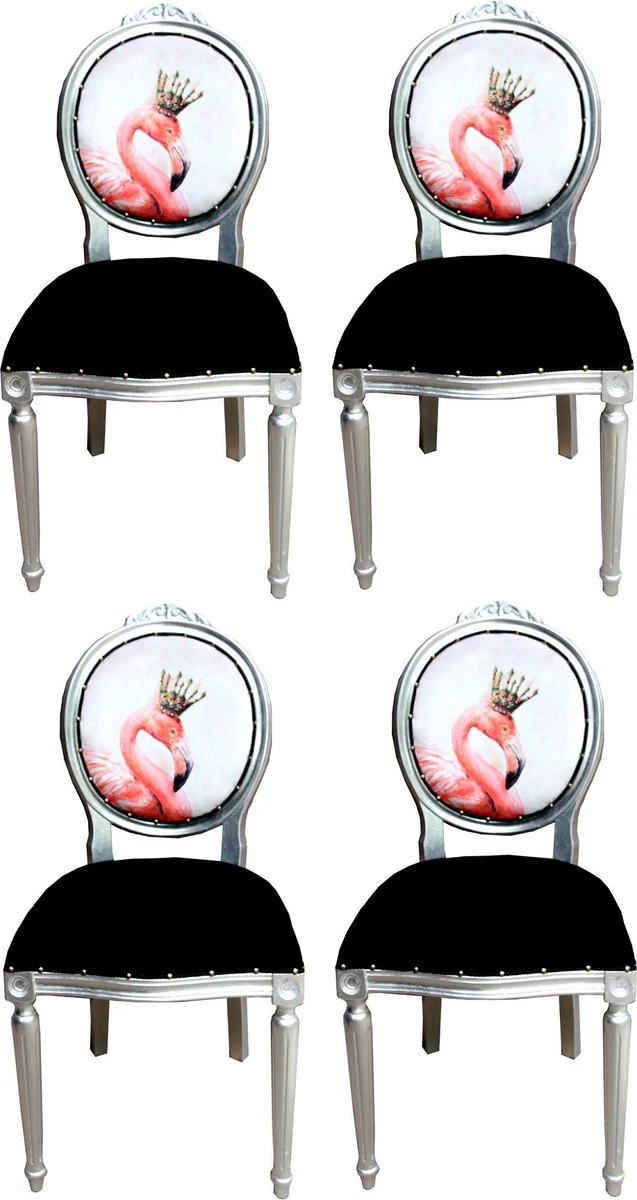Luxury baroque dining room set flamingo with crown black / multicolored / silver 48 x 50 x H. 98 cm - 4 handmade dining chairs with bling bling glitter stones - baroque dining room furniture