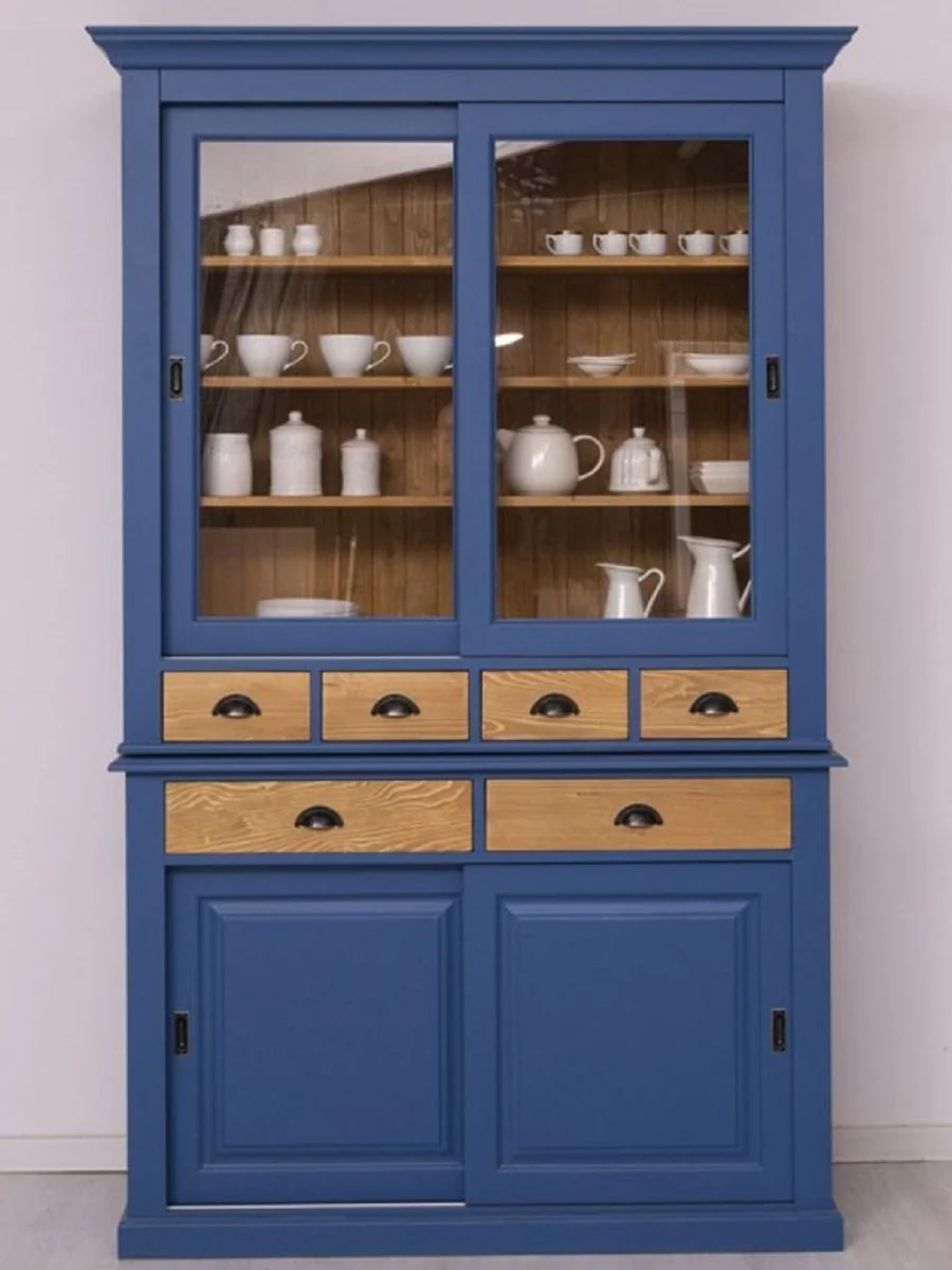 Country house style dining room cabinet blue / natural colors 142 x 48 x H. 225 cm - solid wood kitchen cabinet - country house style dining room furniture