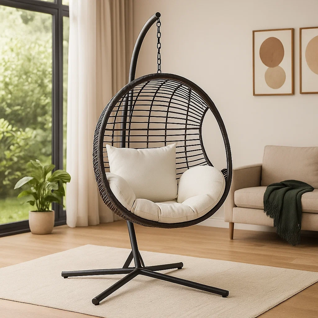 Hängesessel, rund, aus Rattan und Metall, schwarz-beige, mit Gestell, für Garten oder Terrasse, Maße 90 x 90 x 195 cm - OdA8DmTBcaUJ