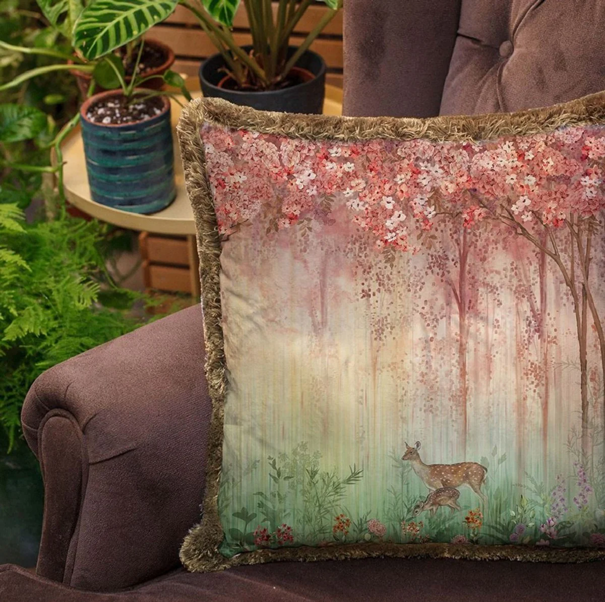 Luxury decorative cushion forest & animals multicolored / brown 45 x 45 cm - printed velvet cushion with fringes - luxury decorative accessories