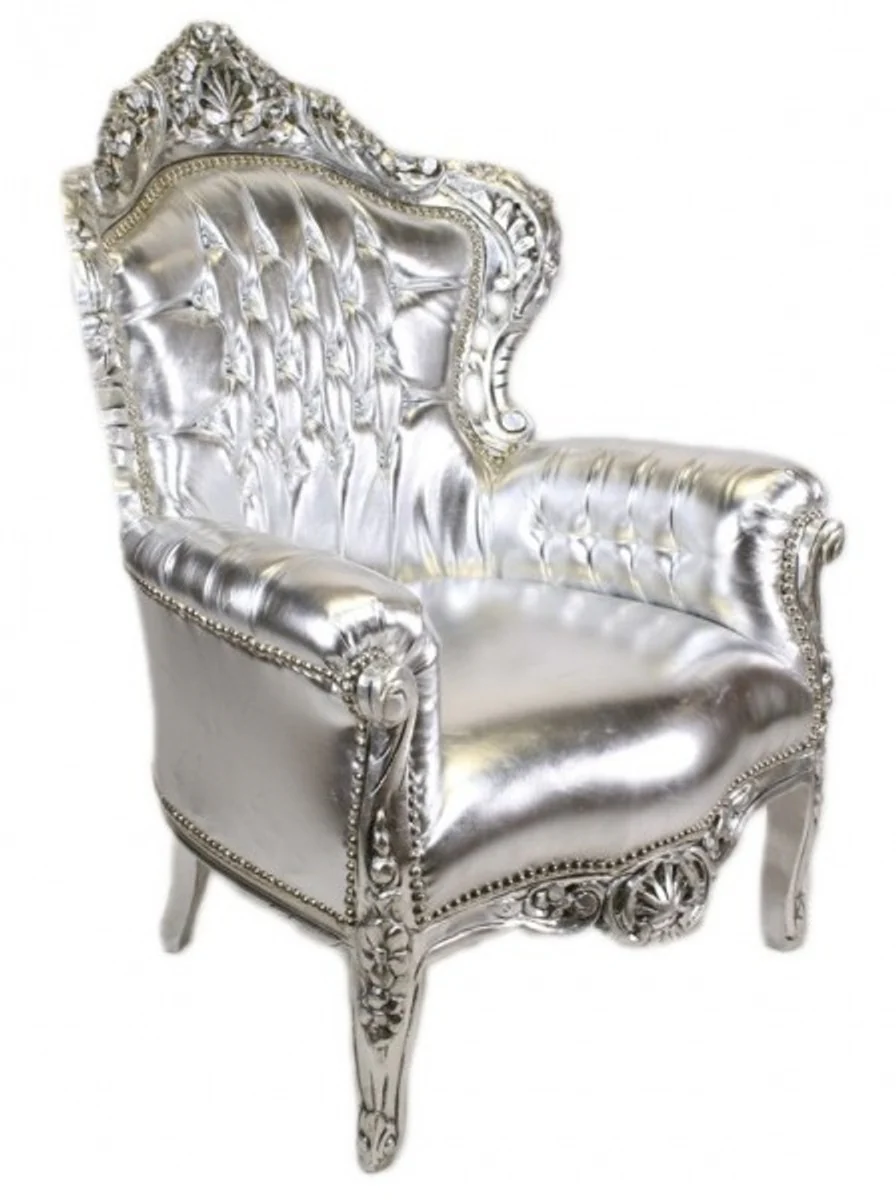Barock Sessel King Silber Lederoptik mit Bling Bling Glitzersteinen - Luxus Barock Möbel