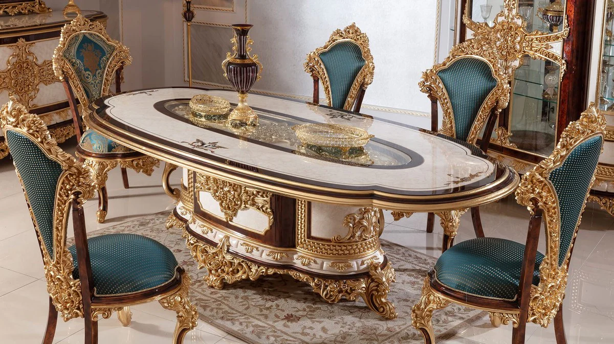 Luxury Baroque Dining Room Set White / Brown / Blue / Gold - 1 Baroque Dining Table & 6 Baroque Dining Chairs - Baroque Dining Room Furniture - Noble & Magnificent