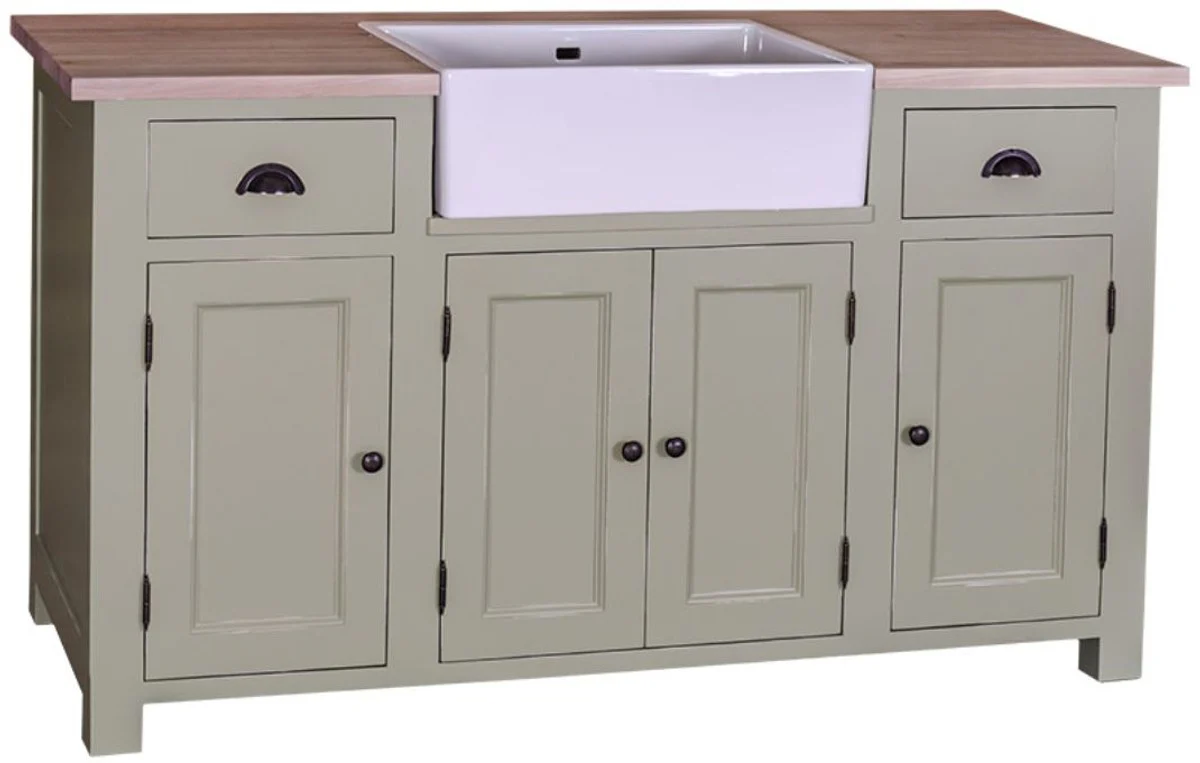 Country house style washbasin cabinet light green / natural color 155 x 65 x H. 90 cm - washbasin with 4 doors and 2 drawers