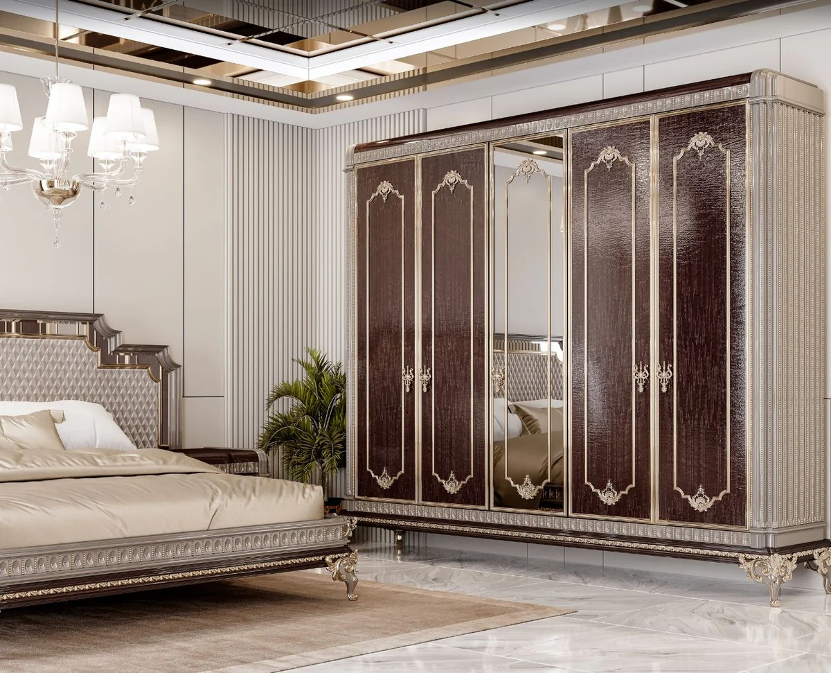 Luxury baroque double bed and 2 nightstands gray / dark brown / gold