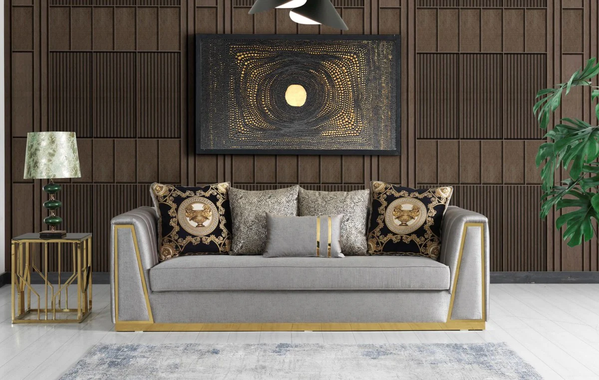 Luxury living room sofa with decorative pillows gray / gold 240 x 92 x H. 78 cm - Luxury living room furniture