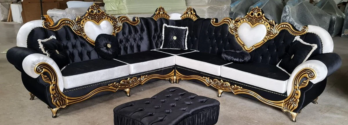 Luxury baroque corner sofa black / white / gold