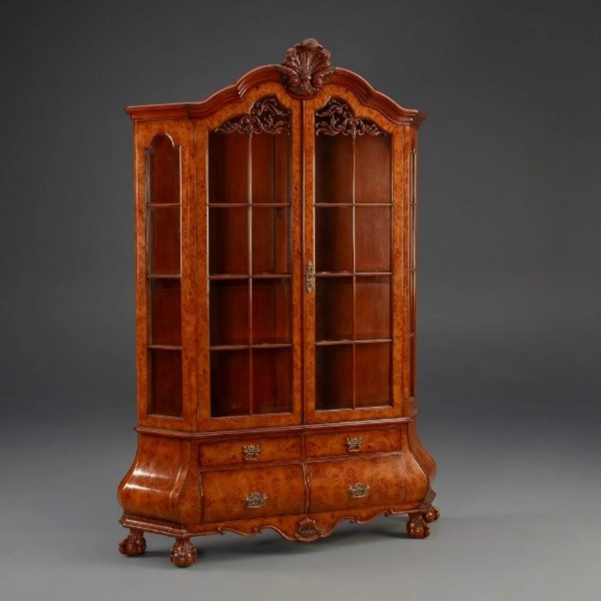 Baroque luxury display cabinet made of walnut with interior lighting brown H 214 cm, W 148 cm - display cabinet - living room cabinet - Limited Edition