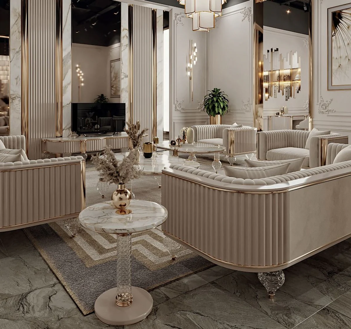 Luxury Art Deco 3-seater sofa gray / gold 260 x 96 x H. 75.5 cm - Living room sofa - Living room furniture - Art Deco furniture - Luxury furniture - Art Deco furnishings - Luxury furnishings