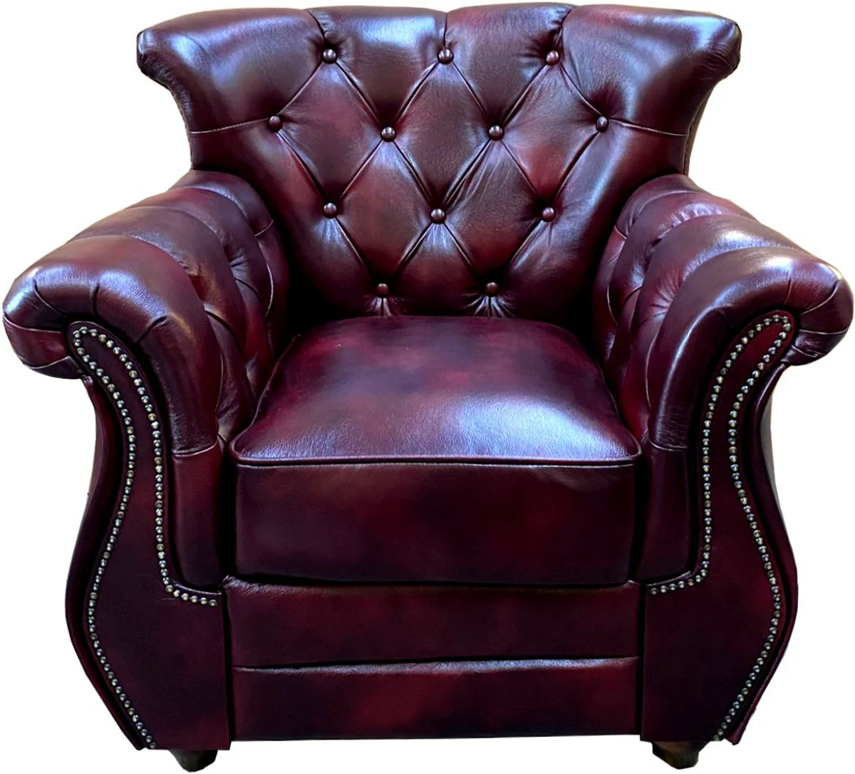 Luxury Chesterfield genuine leather living room set burgundy red / brown / silver - 2 leather sofas & 2 leather armchairs - living room furniture - Chesterfield furniture