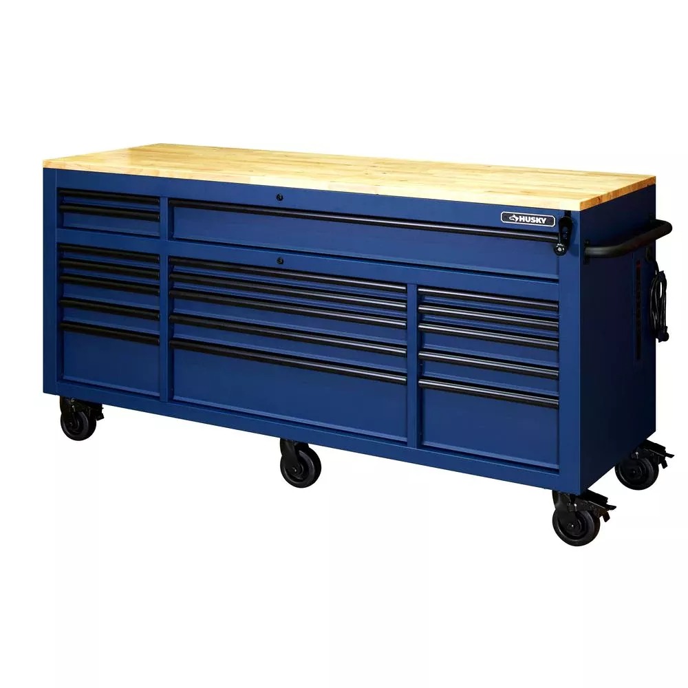 72 IN. 18-DRAWER MOBILE WORKBENCH MIT NACHBAR-HEIGHT SOLID WOOD TOP IN MATTE BLUE