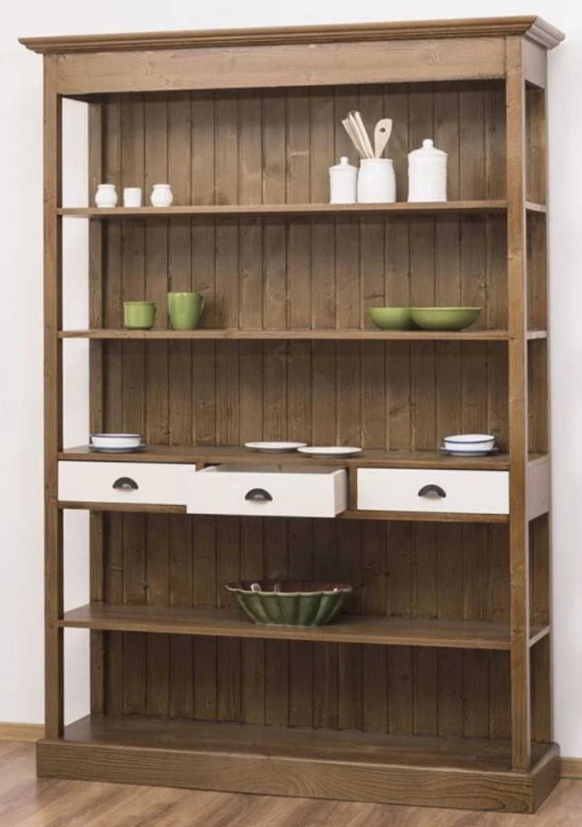 Country house style shelf cabinet brown / white 140 x 39 x H. 197 cm - country house style cabinet with 3 drawers - solid wood kitchen cabinet - country house style furniture