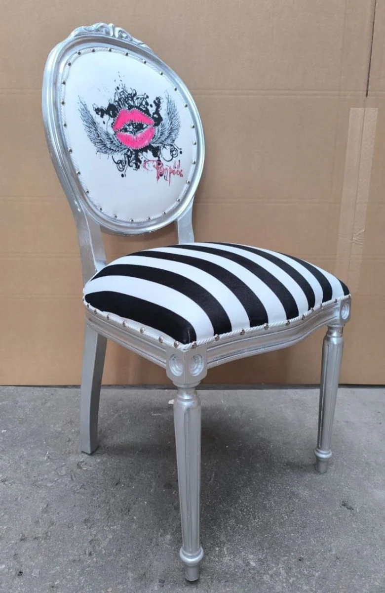 Pompöös by Luxus Barock Esszimmer Stuhl Weiß / Schwarz / Silber - designed by Harald Glööckler