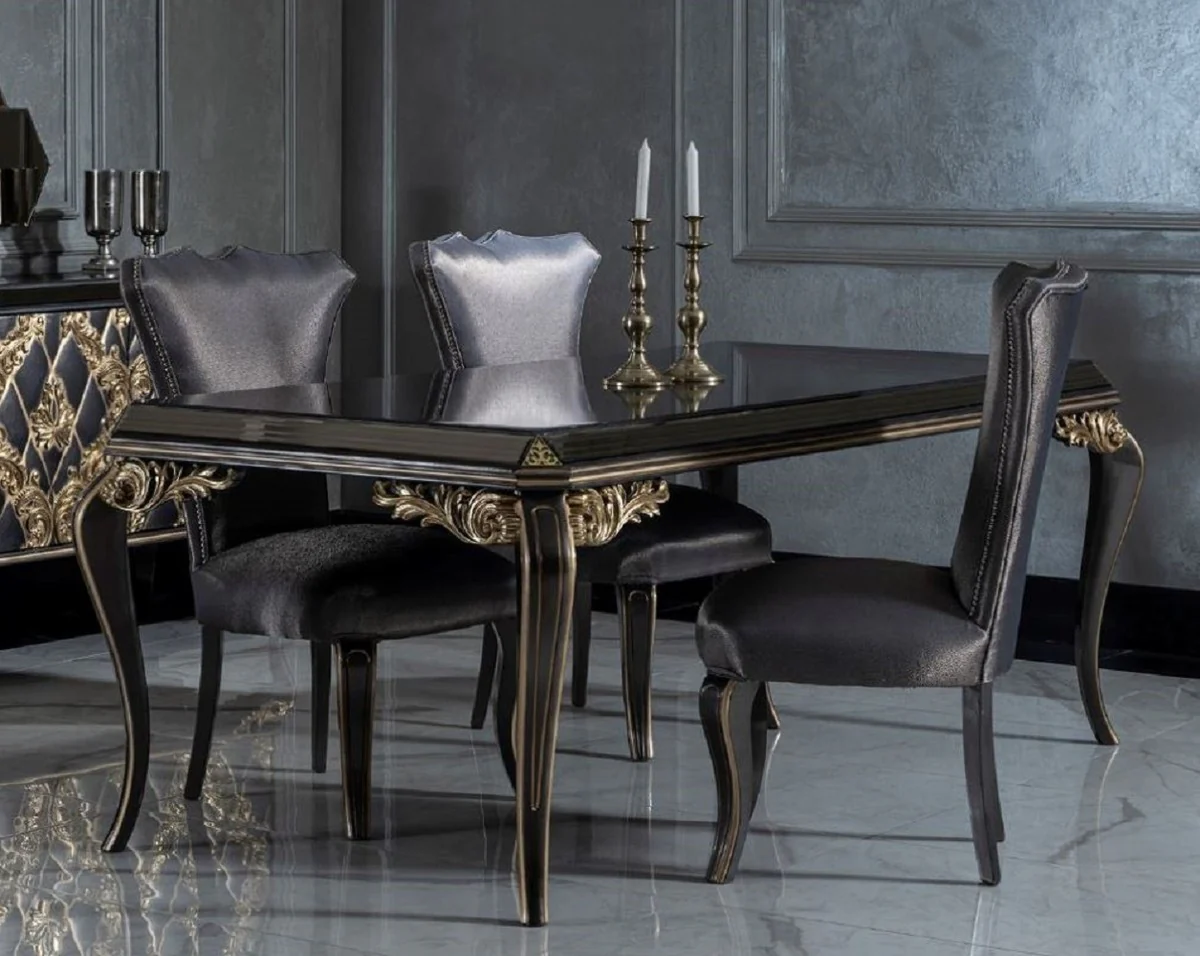 Luxury baroque dining room set blue / black / gold - 1 dining table with glass top & 6 dining chairs - noble dining room furniture in baroque style