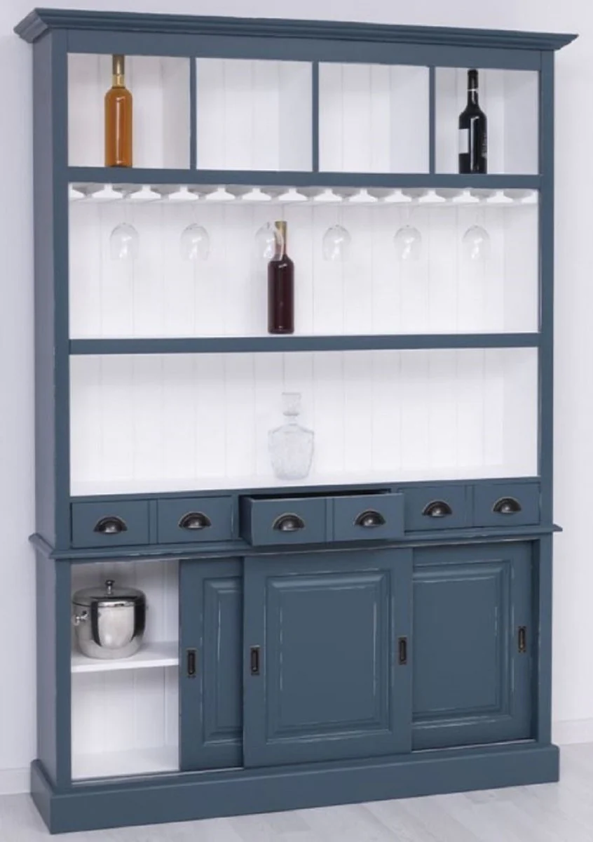 Country house style solid wood bar cabinet antique blue / white 151 x 36 x H. 210 cm - Solid wood wine cabinet in country house style - Solid wood bar furniture - Country house style bar furniture