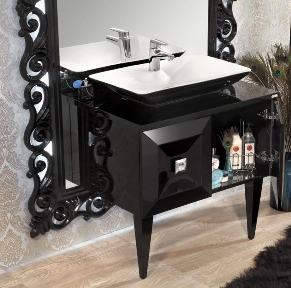 Luxury Baroque Bathroom Set Black - Vanity unit with sink and wall mirror - Magnificent bathroom furniture in the Baroque style