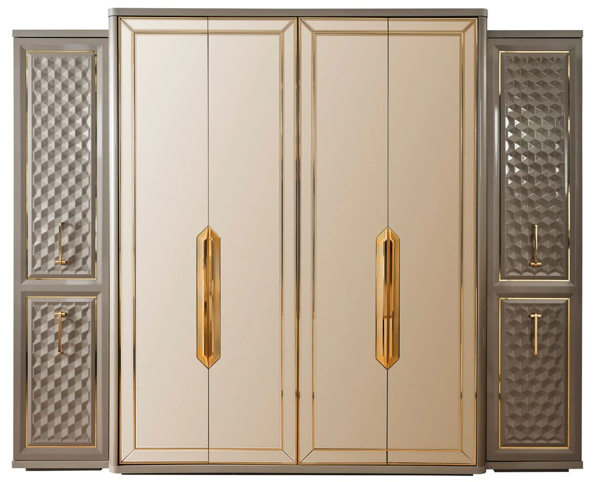 Luxury Art Deco bedroom wardrobe gray / gold 280 x 60 x H. 229 cm - Mirrored wardrobe with 4 doors - Bedroom furniture - Art Deco furniture - Luxury furniture - Luxury furnishings