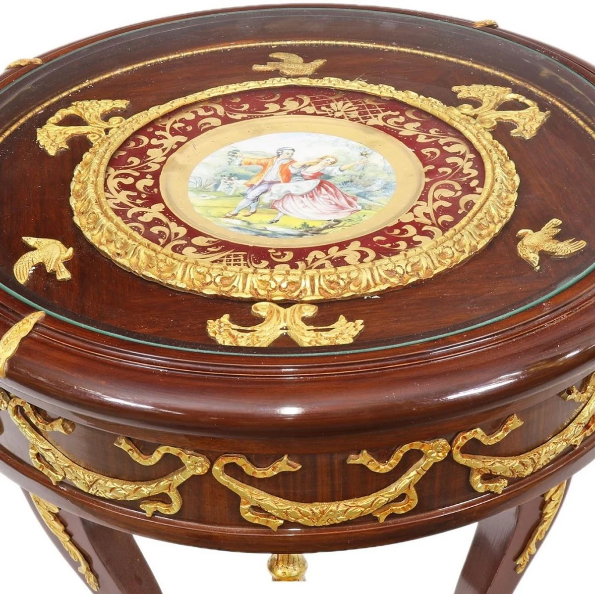 Baroque mahogany side table with glass top brown / gold Ø 55 x H. 78 cm - Magnificent round handmade and hand-painted table with beautiful decorations
