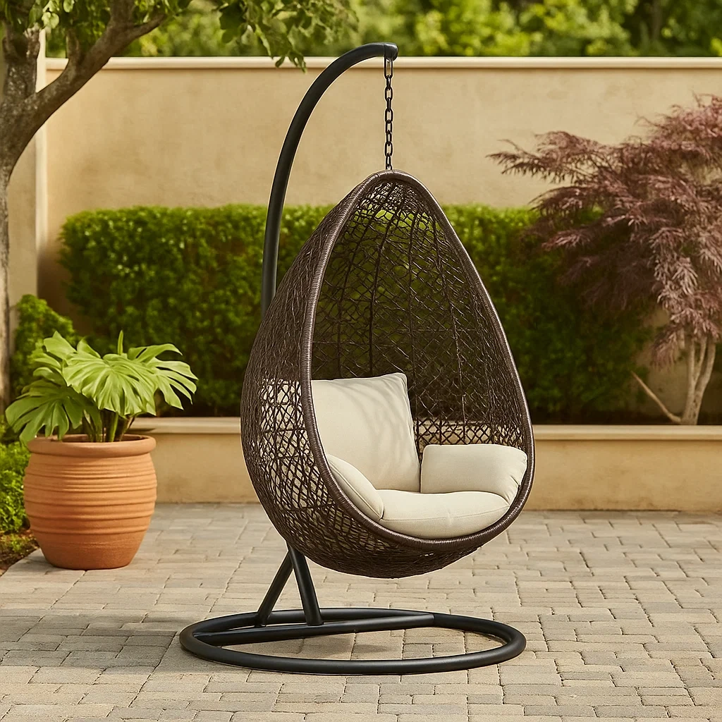 Hängender, eiförmiger Sessel aus synthetischem Rattan, braun mit beigen Kissen, mit Metallgestell, für den Außenbereich, 100 x 100 x 195 cm - naEI2dXnpLNG