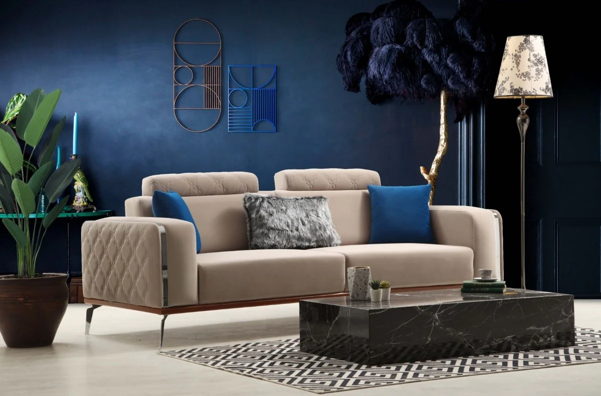 Luxury living room sofa with adjustable backrest beige / brown / silver 225 x 95 x H. 89 cm - luxury living room furniture