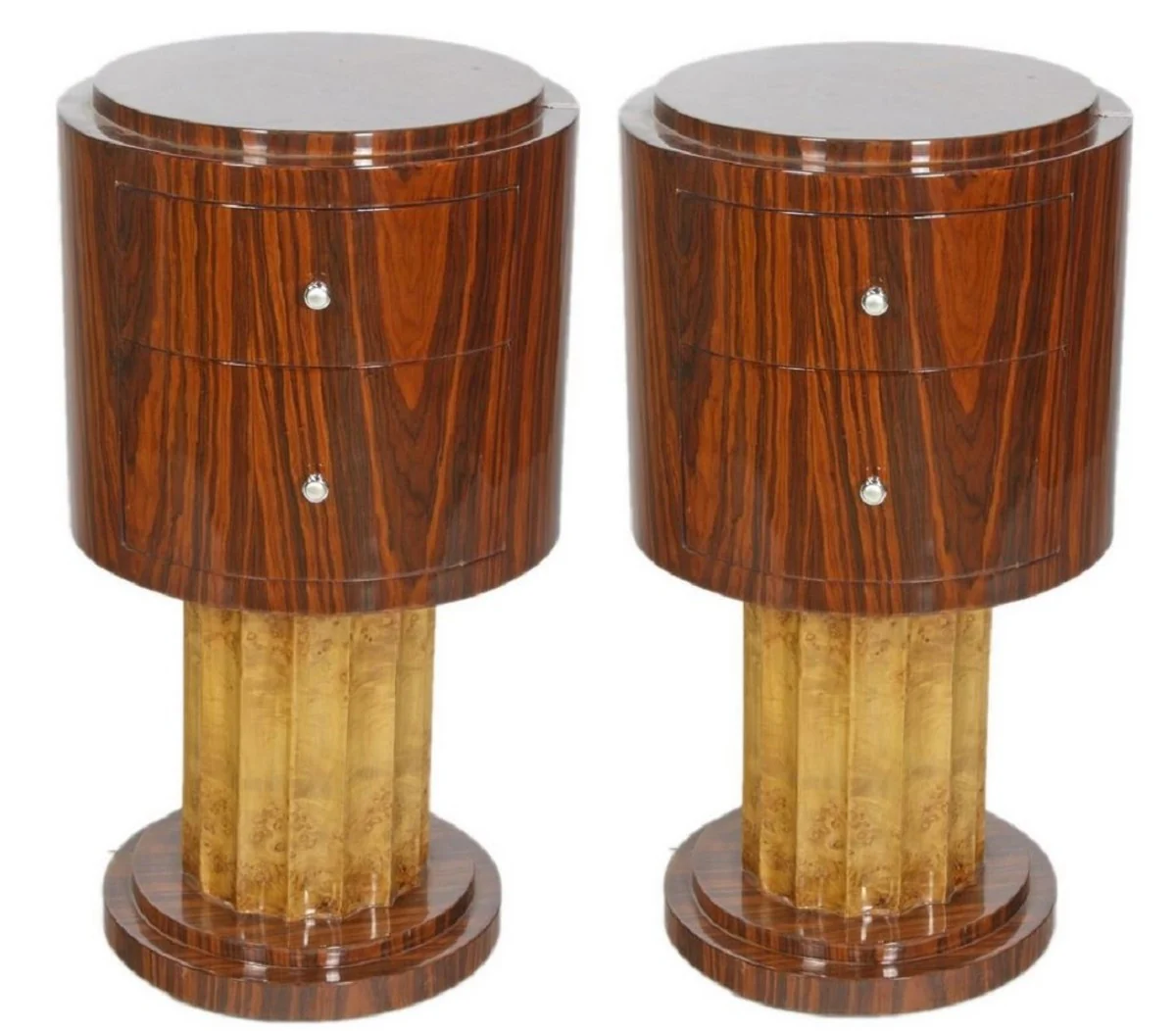 Art Deco side table set brown / light brown Ø 40 x H. 75 cm - round mahogany & burl wood side tables with 2 drawers