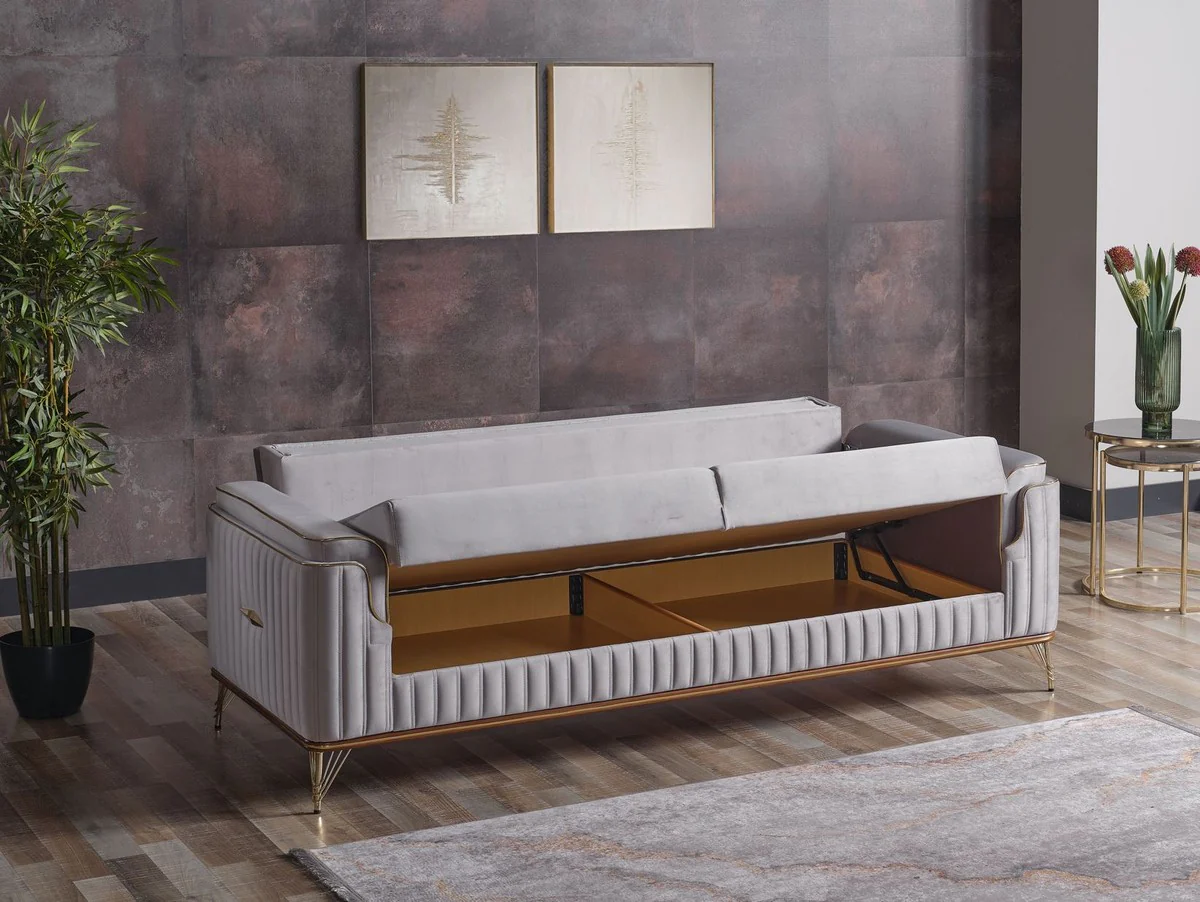 Luxury sofa bed light gray / brown / gold 228 x 94 x H. 88 cm - Living room sofa with 3 cushions - Luxury living room furniture