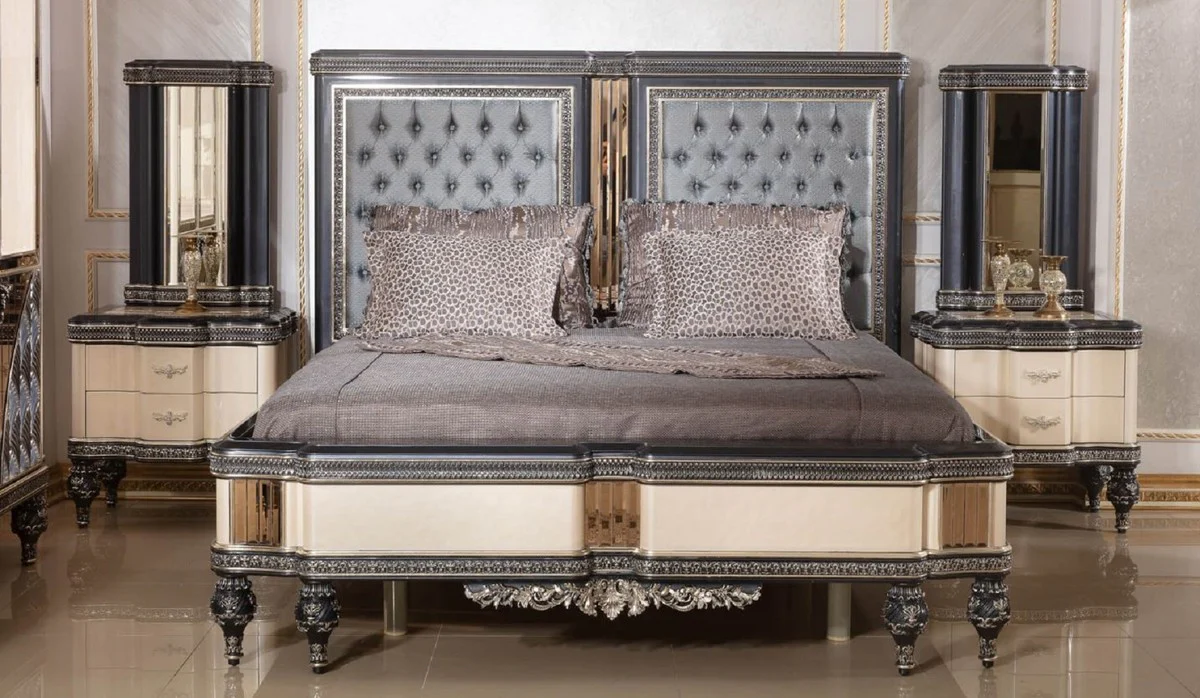 Luxury Baroque Bedroom Set Light Blue / Beige / Black / Gold - 1 Baroque Double Bed with Headboard & 2 Baroque Nightstands - Luxury Bedroom Furniture in Baroque Style - Baroque Interior