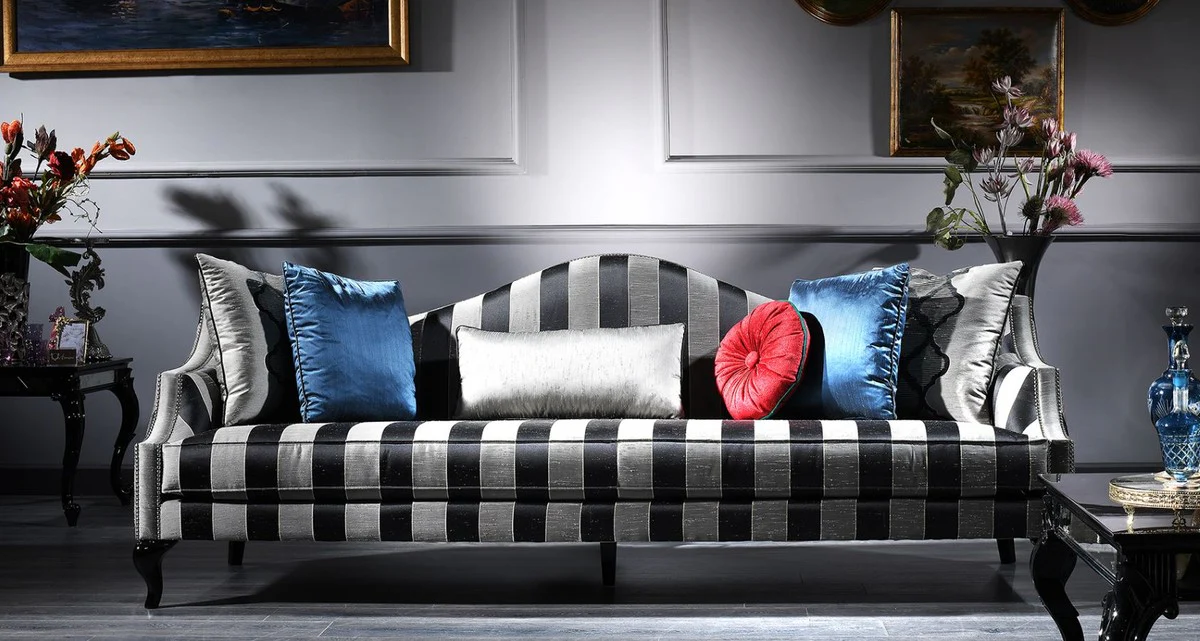 Luxury Baroque Sofa Silver / Black 245 x 92 x H. 93 cm - Striped Living Room Sofa - Baroque Furniture