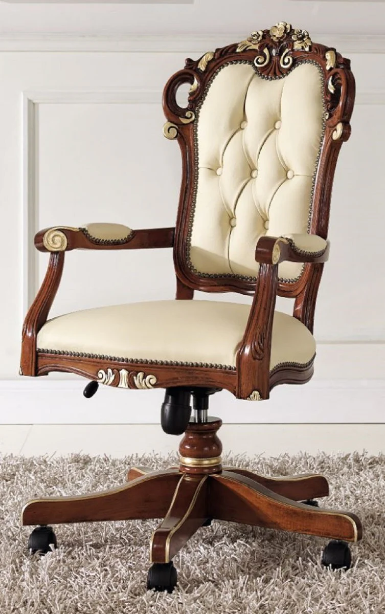 Luxury Baroque office chair beige / brown / gold 57 x 48 x H. 107-117 cm - Height-adjustable desk chair with real leather - Baroque office furniture - Luxury quality - Made in Italy