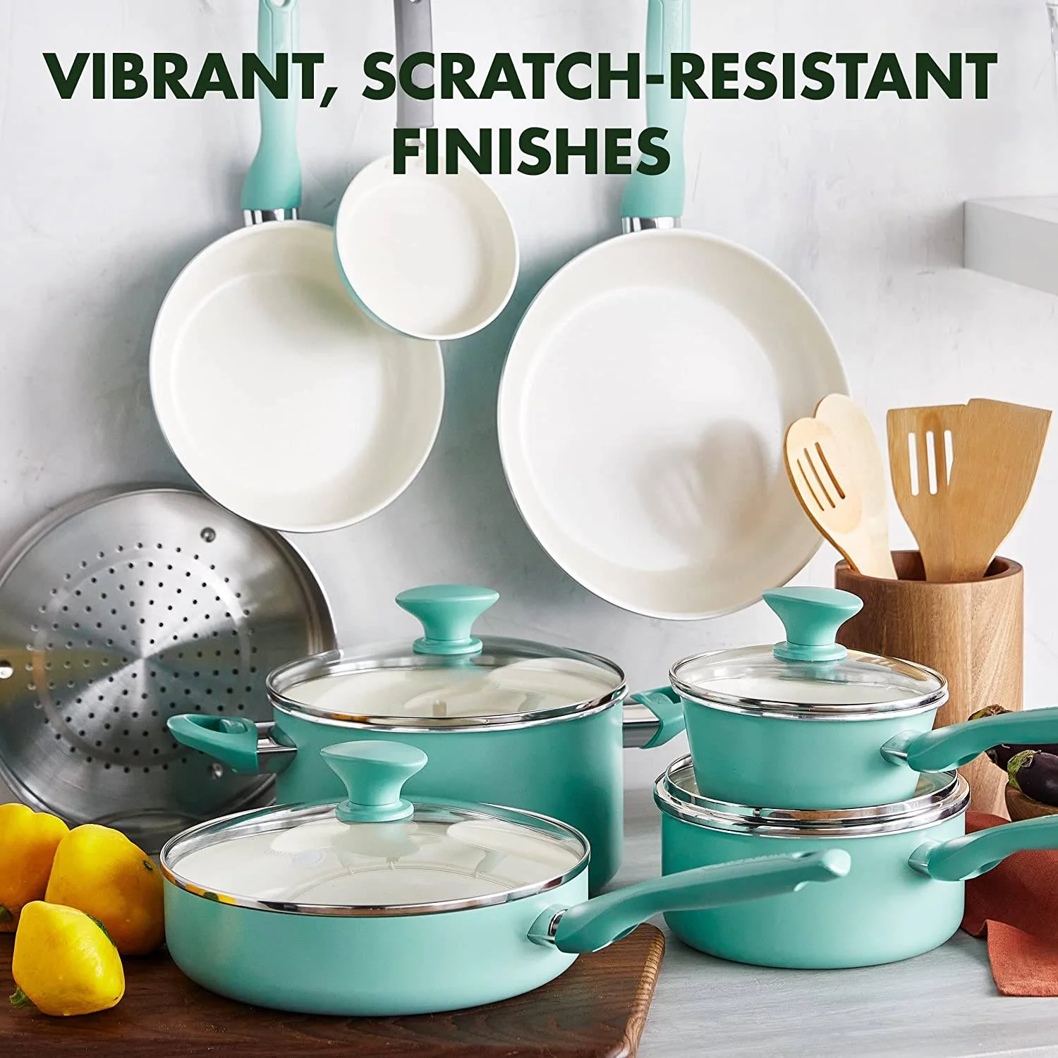Rio Healthy Keramik-Antihaft-Kochgeschirr-Set, 16-teilig, Töpfe und Pfannen, PFAS-frei, spülmaschinenfest, Türkis