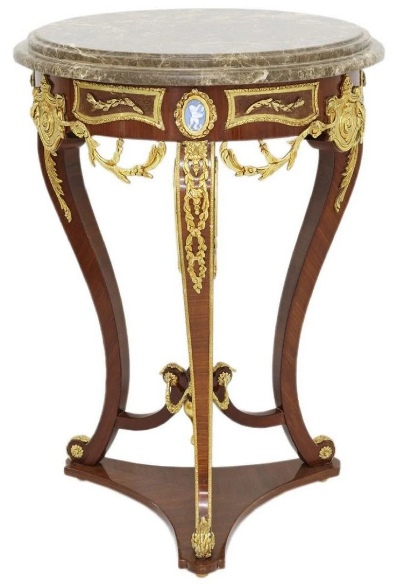 Baroque side table brown / gold / gray Ø 55 x H. 78 cm - Round solid wood table in baroque style - Baroque living room furniture