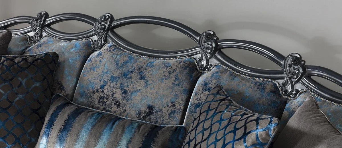 Luxury Baroque Sofa Gray / Blue / Gray 224 x 103 x H. 110 cm - Elegant living room sofa with elegant pattern and decorative pillows - Baroque style living room furniture