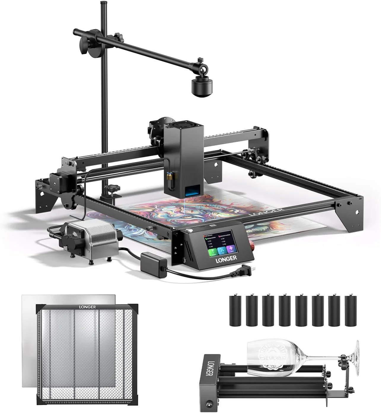 Longer RAY5 20W Laser Cutter and Laser Engraver for Tumbler, with Rotary Roller Bundle, 17.3x 17.3 Honeycomb Workbed, Camera Kit, and Air Pump Laser Engraver for Wood and Metal, Acrylic