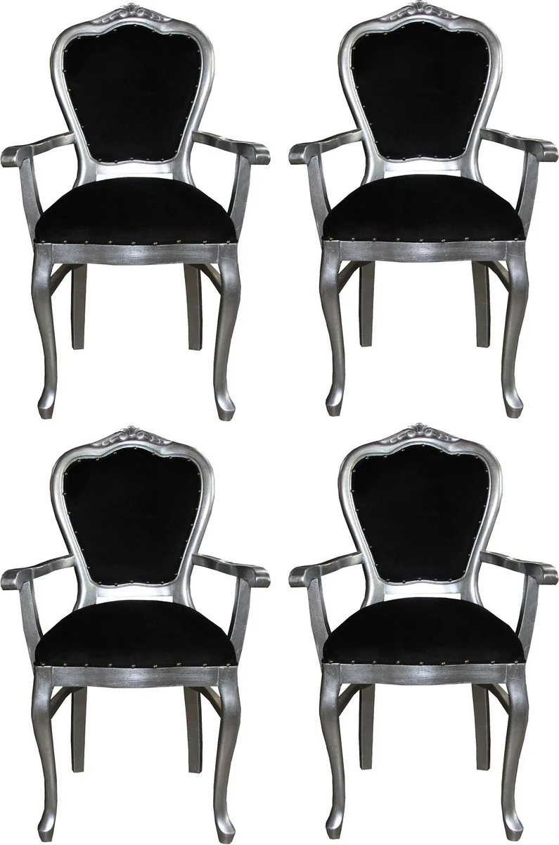 Luxury Baroque dining room set black / silver 60 x 47 x H. 99 cm - 4 handmade dining chairs with armrests - Baroque dining room furniture