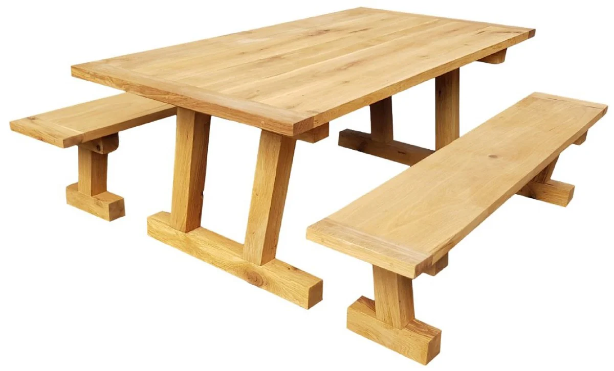 Solid wood dining room set natural colors - oak wood dining table with 2 benches - dining room furniture - restaurant furniture - solid oak wood furniture