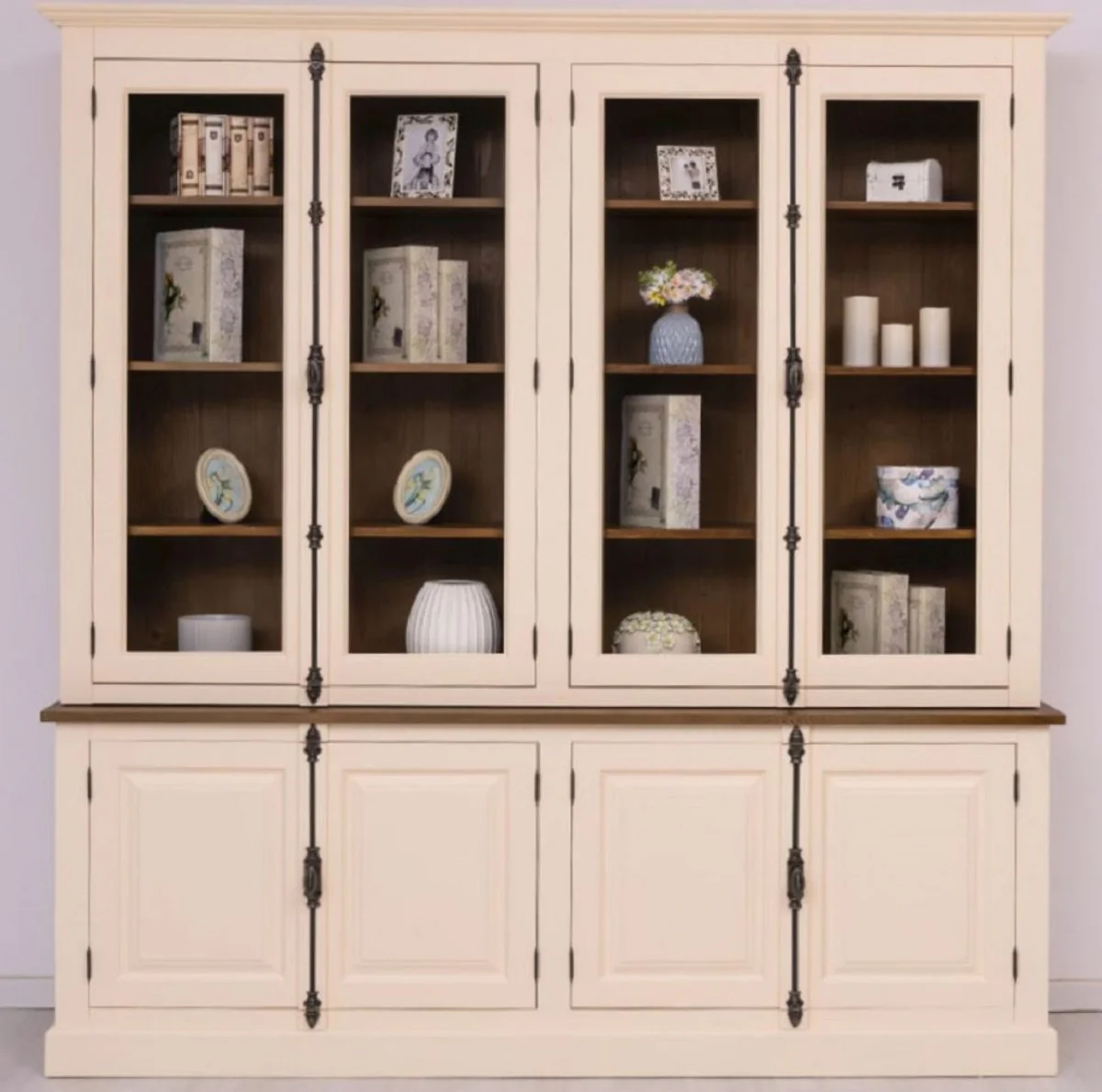 Country house style dining room cabinet cream / brown 223 x 50 x H. 228 cm - solid wood kitchen cabinet - dining room furniture in country house style - country house style dining room furnishings